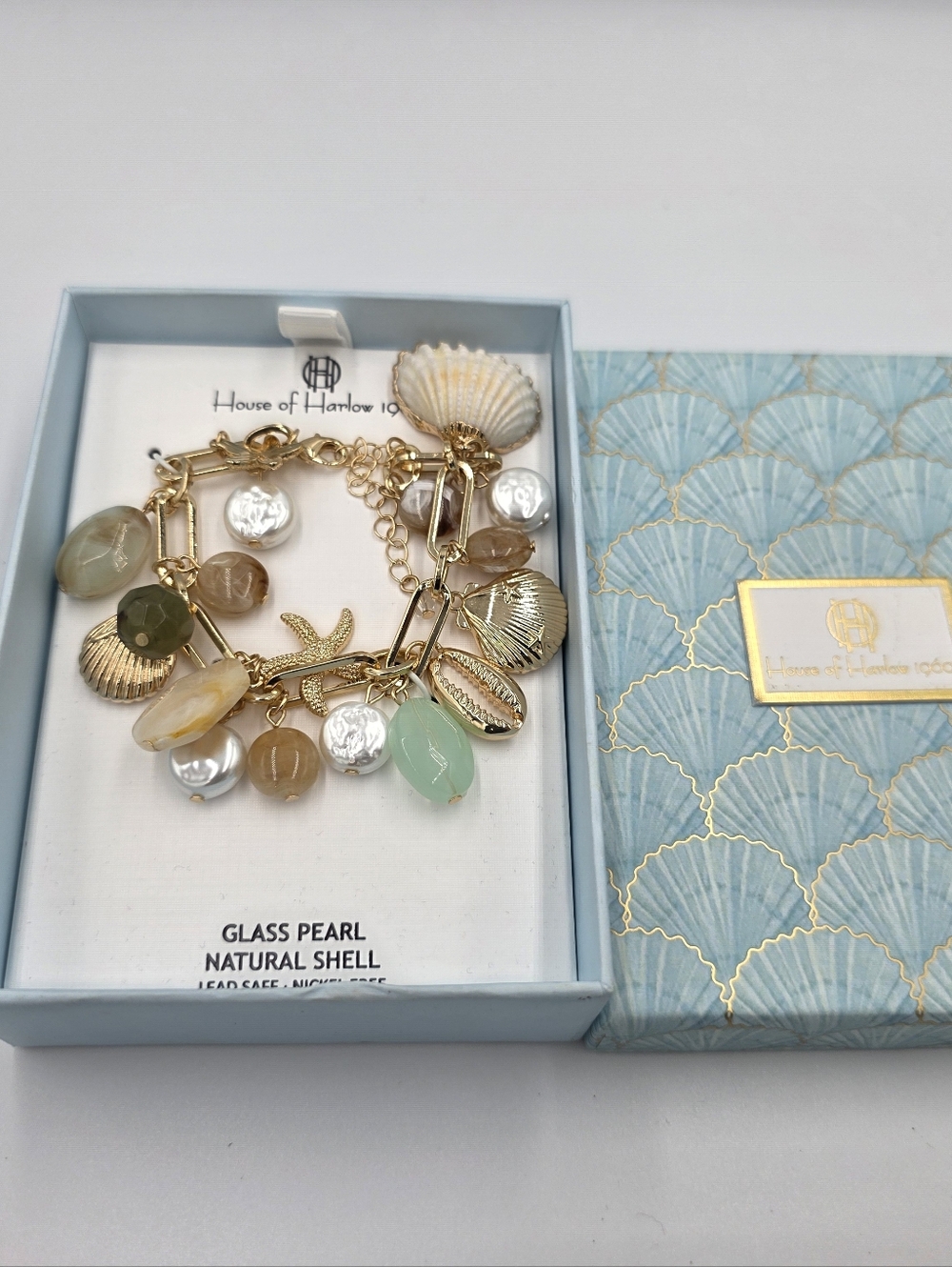 House of Harlow 1960 Gold Charm Bracelet‎ Nautical Pearl Shell Beads Beach New